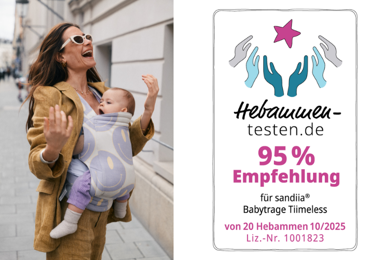 95 % der Hebammen empfehlen unsere sandiia® Babytrage Tiimeless!
